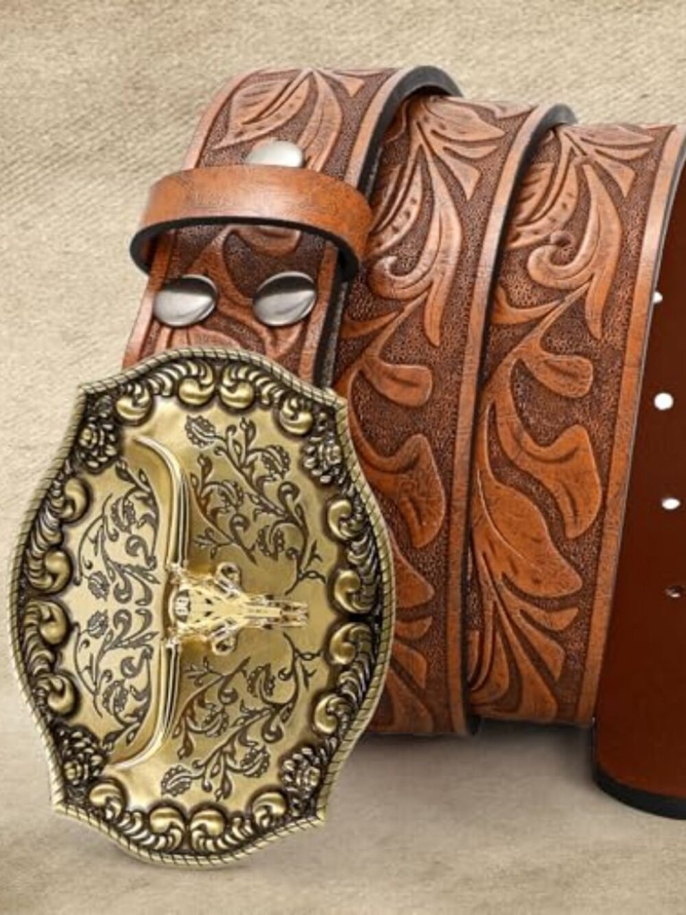 Western Leather Cowboy Belt for Men Women Longhorn Buckle Cowgirl Belt Floral
